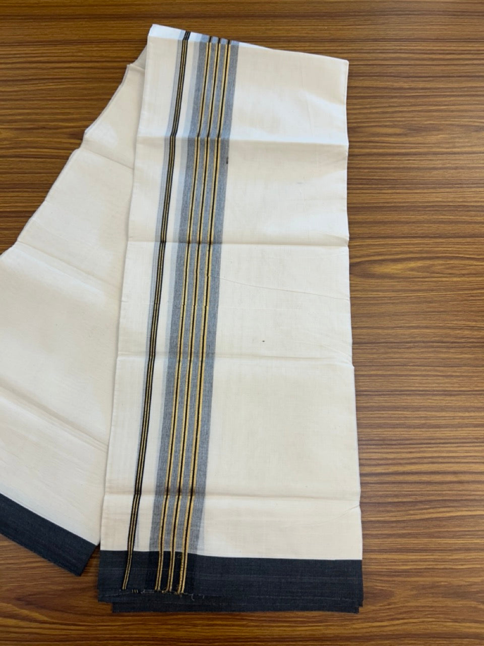 20% Discount ! KaithariKada Balaramapuram 100% Cotton Off White (Unbleached) Double Mundu/Dhoti - 80s - 2 inch Gold Kasav & Black Shades Stripes kara 4 mtr (8.5 muzham) - 12 KK5302 MUT