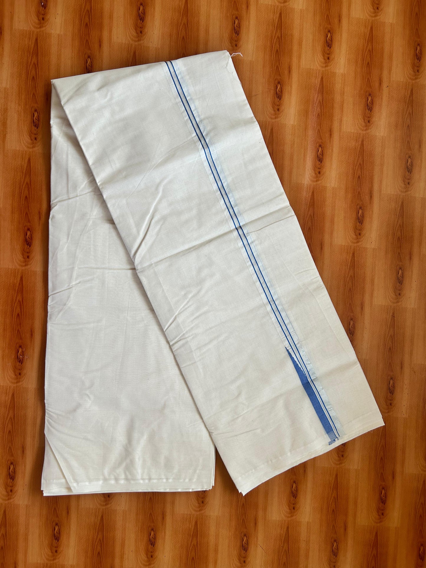 Double Off white Mundu/Dhoti - 20% Discount! KaithariKada - 100% Cotton  100x100 - 1 inch Puliyilakkara Silver Kasav & Blue Chutty Kara - 4 mtr (8.5 muzham) -  16 KK5477 ASH