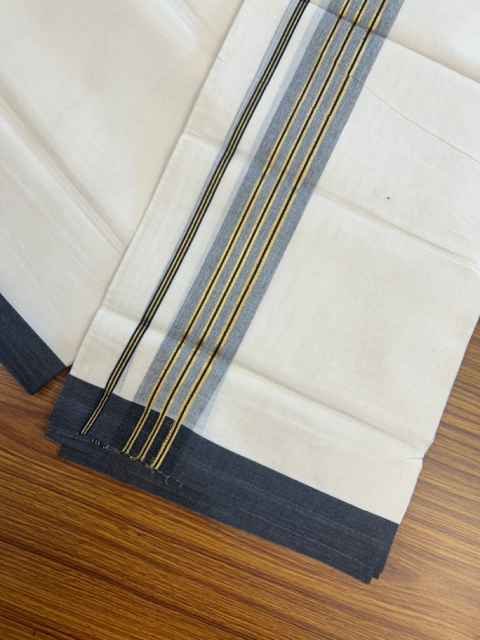20% Discount ! KaithariKada Balaramapuram 100% Cotton Off White (Unbleached) Double Mundu/Dhoti - 80s - 2 inch Gold Kasav & Black Shades Stripes kara 4 mtr (8.5 muzham) - 12 KK5302 MUT