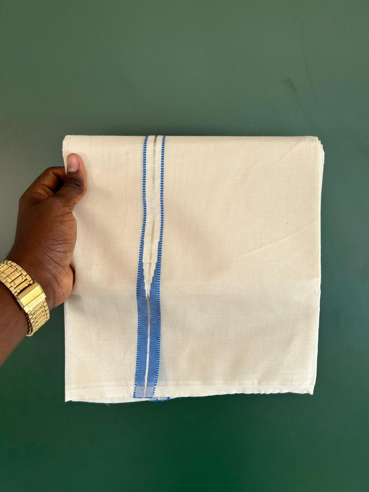 Double Off White (Unbleached) Mundu/Dhoti - 20% Discount!! KaithariKada Pulimood 100% Cotton 100X100 - 1 Inch Puliyilakkara Silver Kasav & Blue Striped Chutty Kara - 3.75 mtr (8 muzham) - 13 KK5545 ASH