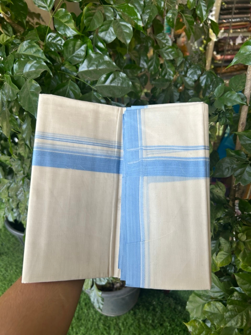 20% Discount ! KaithariKada Balaramapuram 100% Cotton Off White (Unbleached) Double Mundu/Dhoti - 80s - 1 inch Light Blue Design kara 4 mtr (8.5 muzham) - 28 KK5302 MUT