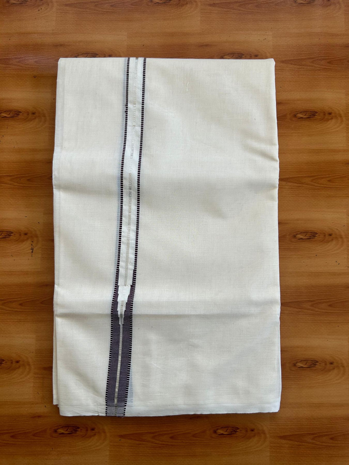 Double Off White (Unbleached) Mundu/Dhoti - 20% Discount!! KaithariKada Pulimood 100% Cotton 100X100 - 1 Inch Puliyilakkara Silver Kasav & Brown Striped Chutty Kara - 3.75 mtr (8 muzham) - 12 KK5545 ASH