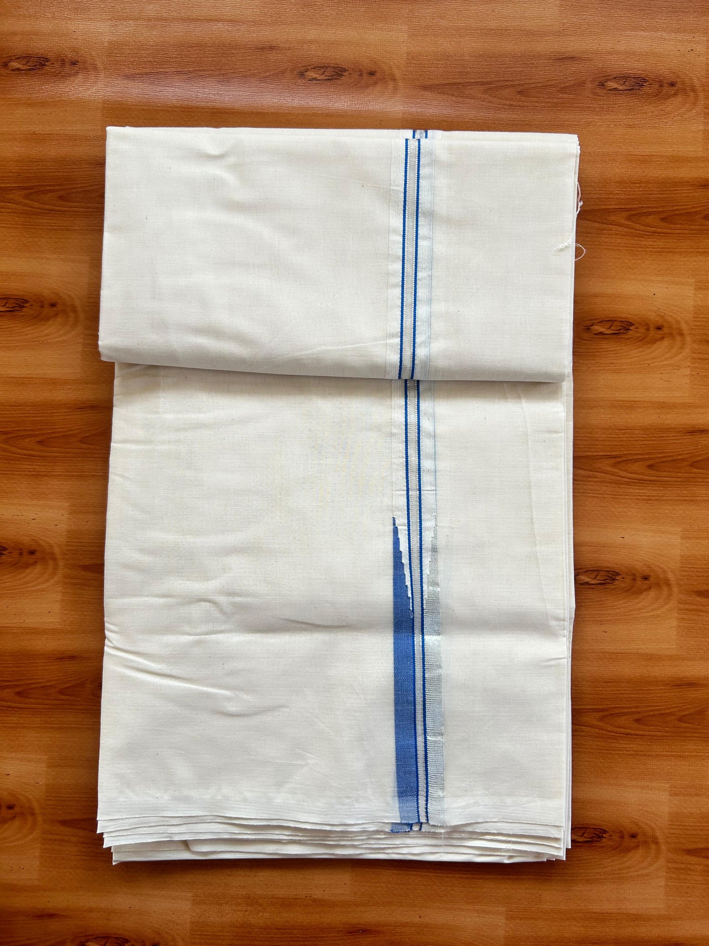 Double Off white Mundu/Dhoti - 20% Discount! KaithariKada - 100% Cotton  100x100 - 1 inch Puliyilakkara Silver Kasav & Blue Chutty Kara - 4 mtr (8.5 muzham) -  16 KK5477 ASH
