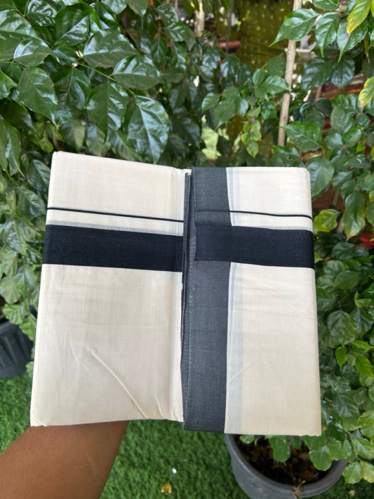 20% Discount ! KaithariKada Balaramapuram 100% Cotton Off White (Unbleached) Double Mundu/Dhoti - 80s - 1.5 inch Black kara 4 mtr (8.5 muzham) - 23 KK5302 MUT
