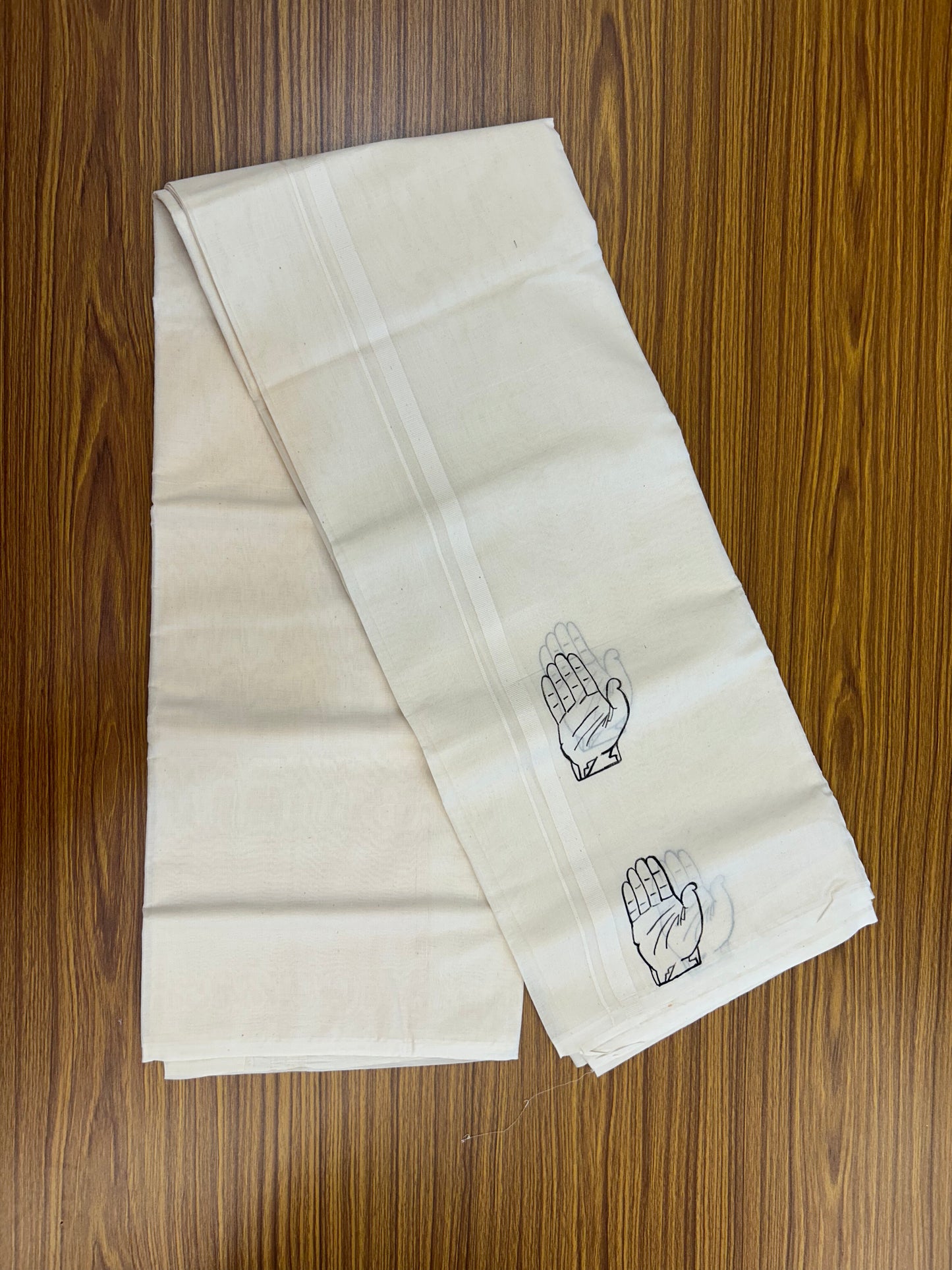 Congress Veshti - KaithariKada Balaramapuram 100% Cotton Double Off white - (Unbleached) Mundu/Dhoti-100x100 - 0.5 inch Hand Painted Kaipathi Design Kara 4 mtr (8.5 muzham) - 1 KK5326 ASH