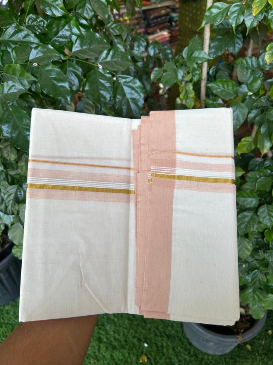 20% Discount ! KaithariKada Balaramapuram 100% Cotton Off White (Unbleached) Double Mundu/Dhoti - 80s - 1.5 inch Gold Kasav & Sand Brown Striped kara 4 mtr (8.5 muzham) - 32 KK5302 MUT