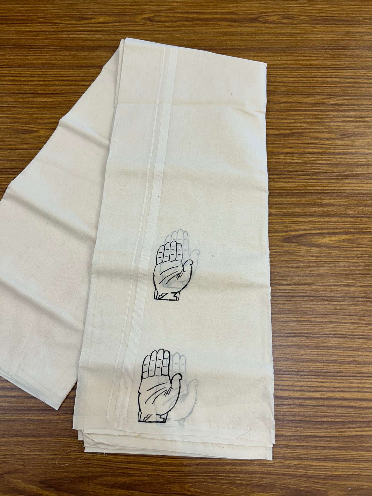 Congress Veshti - KaithariKada Balaramapuram 100% Cotton Double Off white - (Unbleached) Mundu/Dhoti-100x100 - 0.5 inch Hand Painted Kaipathi Design Kara 4 mtr (8.5 muzham) - 1 KK5326 ASH