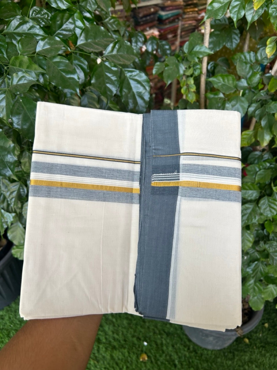 20% Discount ! KaithariKada Balaramapuram 100% Cotton Off White (Unbleached) Double Mundu/Dhoti - 80s - 1.5 inch Gold Kasav & Ash Grey Shaded Striped kara 4 mtr (8.5 muzham) - 35 KK5302 MUT