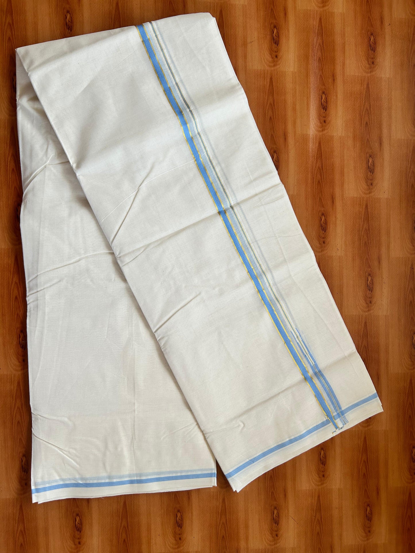 Mundu / Dhoti Off white Double - 20% Discount! KaithariKada 100% Cotton (Unbleached) Kerala -100x100 - 1 cm Puliyilakkara Gold Kasav & Blue Chutty Kara - 18 KK5477 ASH