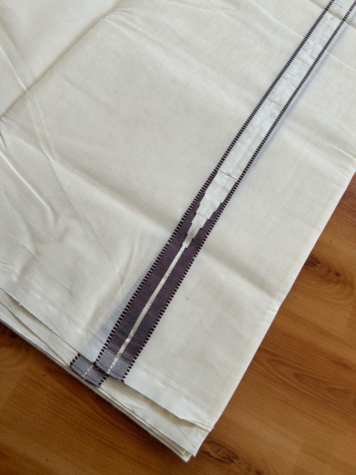 Double Off White (Unbleached) Mundu/Dhoti - 20% Discount!! KaithariKada Pulimood 100% Cotton 100X100 - 1 Inch Puliyilakkara Silver Kasav & Brown Striped Chutty Kara - 3.75 mtr (8 muzham) - 12 KK5545 ASH