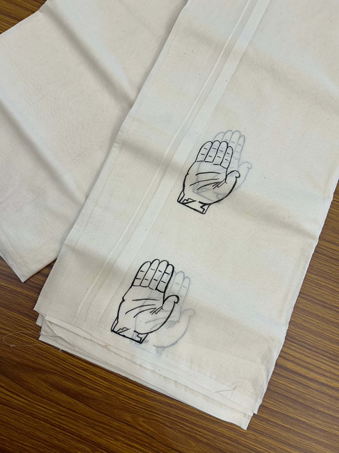 Congress Veshti - KaithariKada Balaramapuram 100% Cotton Double Off white - (Unbleached) Mundu/Dhoti-100x100 - 0.5 inch Hand Painted Kaipathi Design Kara 4 mtr (8.5 muzham) - 1 KK5326 ASH
