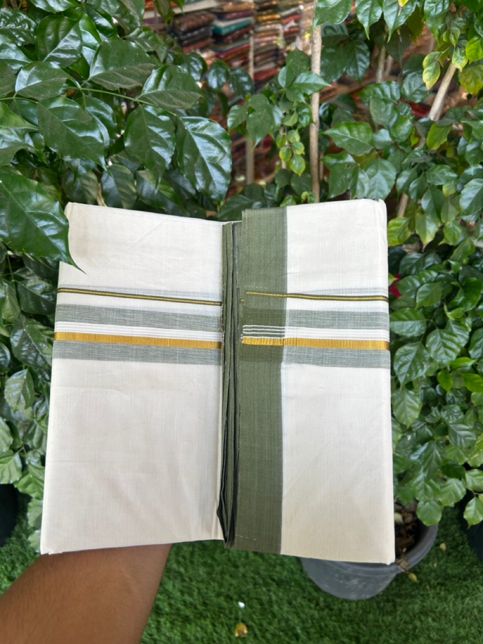 20% Discount ! KaithariKada Balaramapuram 100% Cotton Off White (Unbleached) Double Mundu/Dhoti - 80s - 1.5 inch Gold Kasav & Sage Green Shaded Striped kara 4 mtr (8.5 muzham) - 34 KK5302 MUT