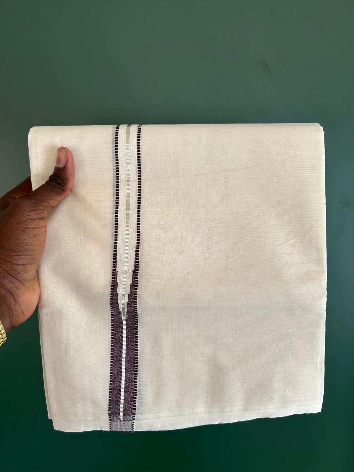 Double Off White (Unbleached) Mundu/Dhoti - 20% Discount!! KaithariKada Pulimood 100% Cotton 100X100 - 1 Inch Puliyilakkara Silver Kasav & Brown Striped Chutty Kara - 3.75 mtr (8 muzham) - 12 KK5545 ASH