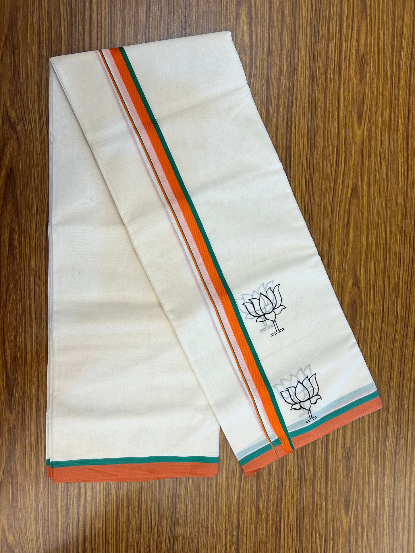 Bjp Veshti - KaithariKada 100% Cotton Off White Double - (Unbleached) Mundu/Dhoti - 100X80 - 0.75 inch Hand Painted Orange & Green Lotus Design Kara - 3 KK5326 ASH