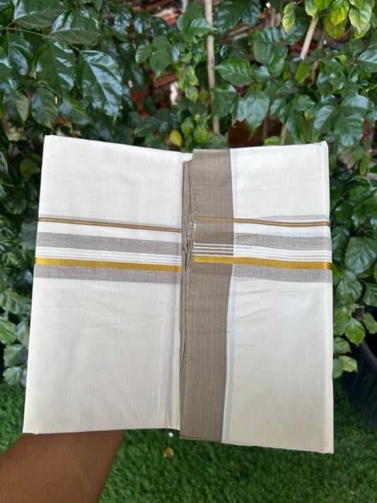 20% Discount ! KaithariKada Balaramapuram 100% Cotton Off White (Unbleached) Double Mundu/Dhoti - 80s - 1.5 inch Gold Kasav & Peanut Brown Shaded Striped kara 4 mtr (8.5 muzham) - 33 KK5302 MUT