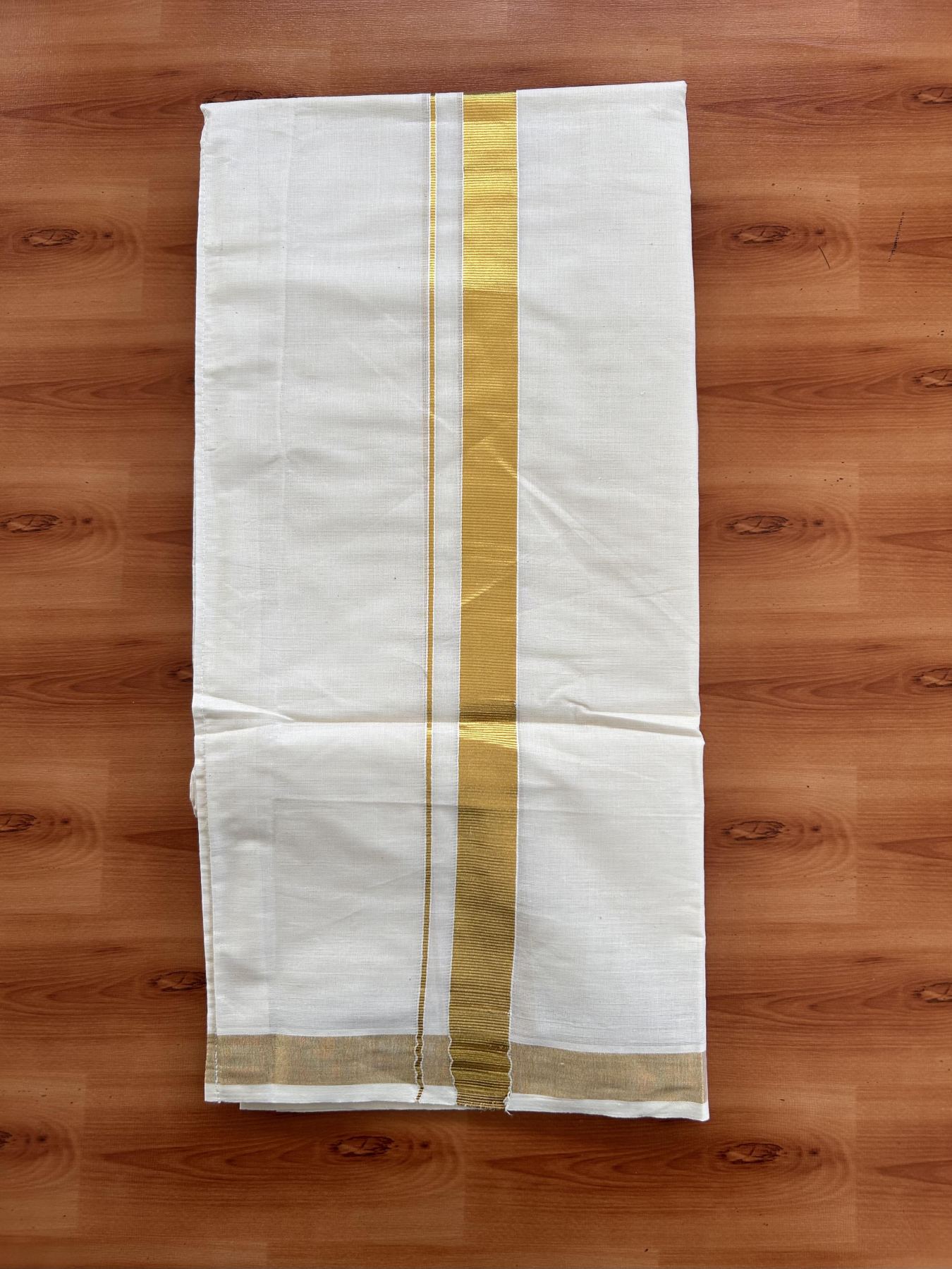 Double Off White Velcro Mundu/Dhoti - 20% Discount !! KaithariKada Balaramapuram 100% Pure Cotton - 0.75 inch Gold Kasav Kara 3.77 mtr (8 muzham) - 1 KK5434 GAN