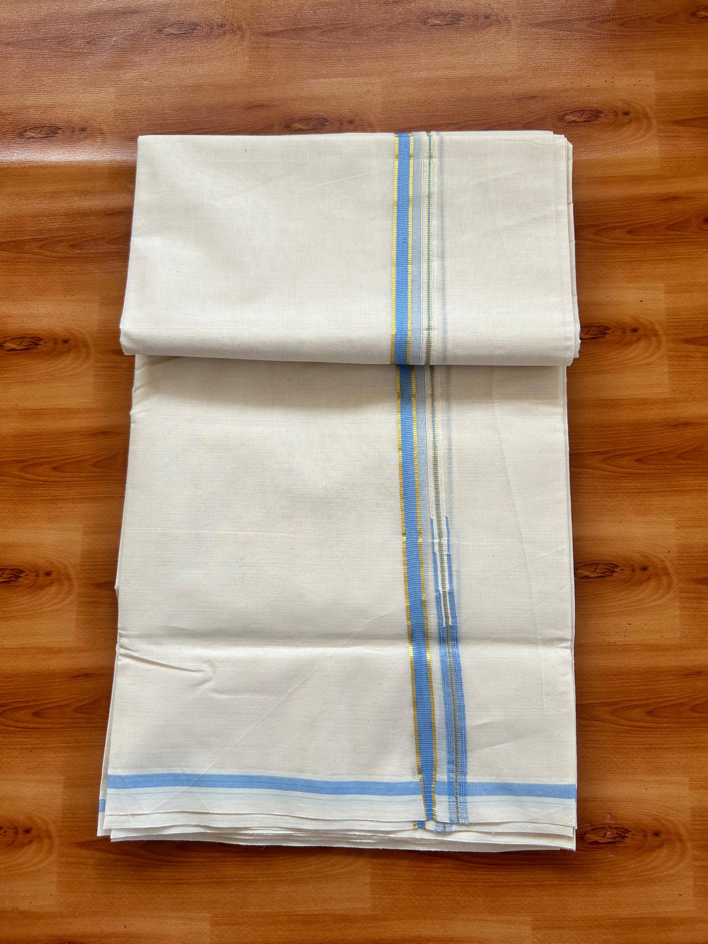 Mundu / Dhoti Off white Double - 20% Discount! KaithariKada 100% Cotton (Unbleached) Kerala -100x100 - 1 cm Puliyilakkara Gold Kasav & Blue Chutty Kara - 18 KK5477 ASH