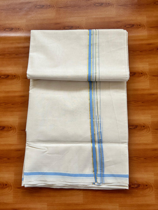 Mundu / Dhoti Off white Double - 20% Discount! KaithariKada 100% Cotton (Unbleached) Kerala -100x100 - 1 cm Puliyilakkara Gold Kasav & Blue Chutty Kara - 18 KK5477 ASH