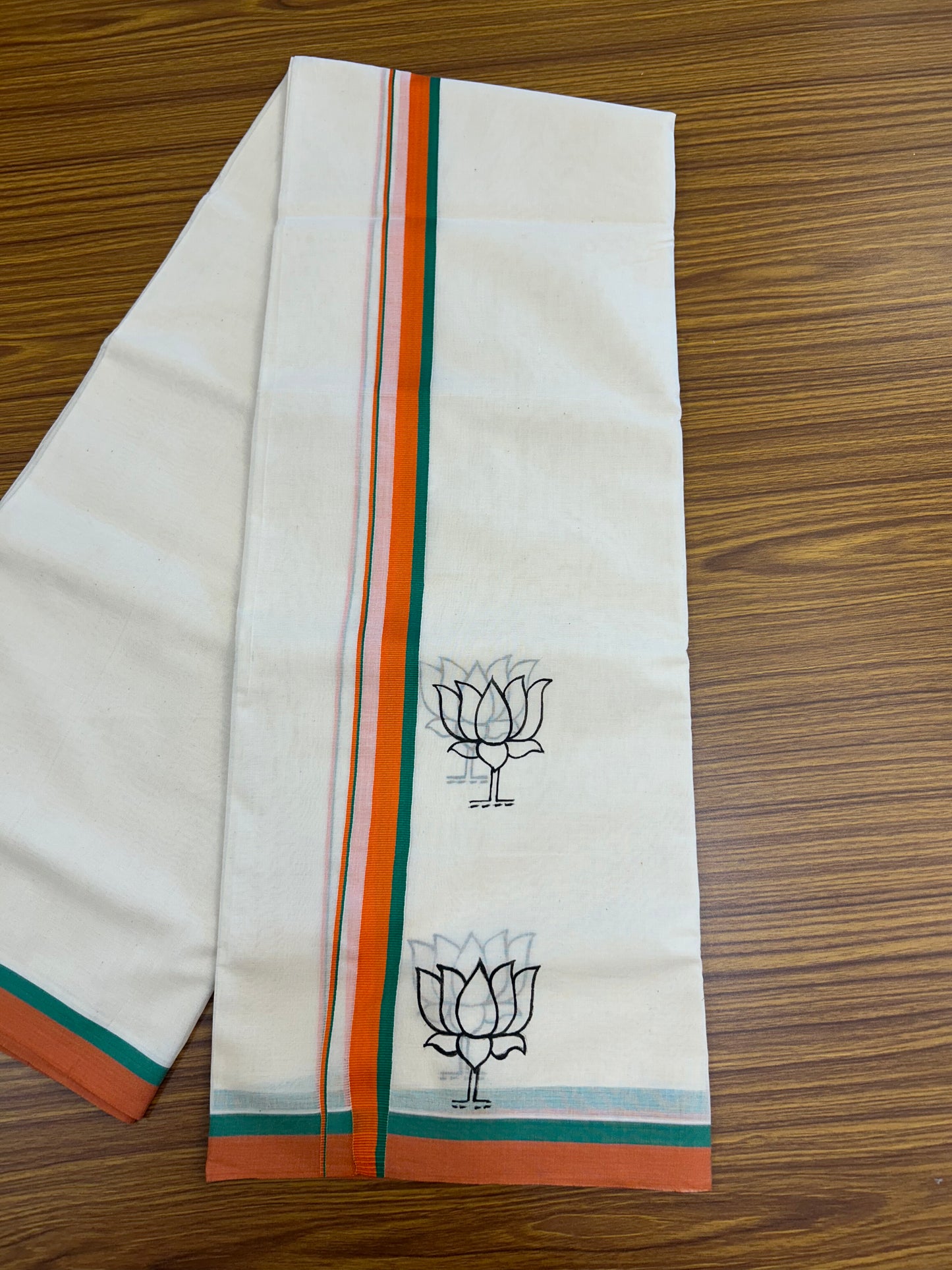 Bjp Veshti - KaithariKada 100% Cotton Off White Double - (Unbleached) Mundu/Dhoti - 100X80 - 0.75 inch Hand Painted Orange & Green Lotus Design Kara - 3 KK5326 ASH