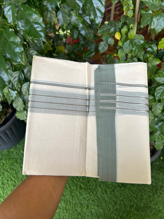 20% Discount ! KaithariKada Balaramapuram 100% Cotton Off White (Unbleached) Double Mundu/Dhoti - 80s - 2 inch Silver Kasav & Greyish Green Shaded Stripes kara 4 mtr (8.5 muzham) - 17 KK5302 MUT