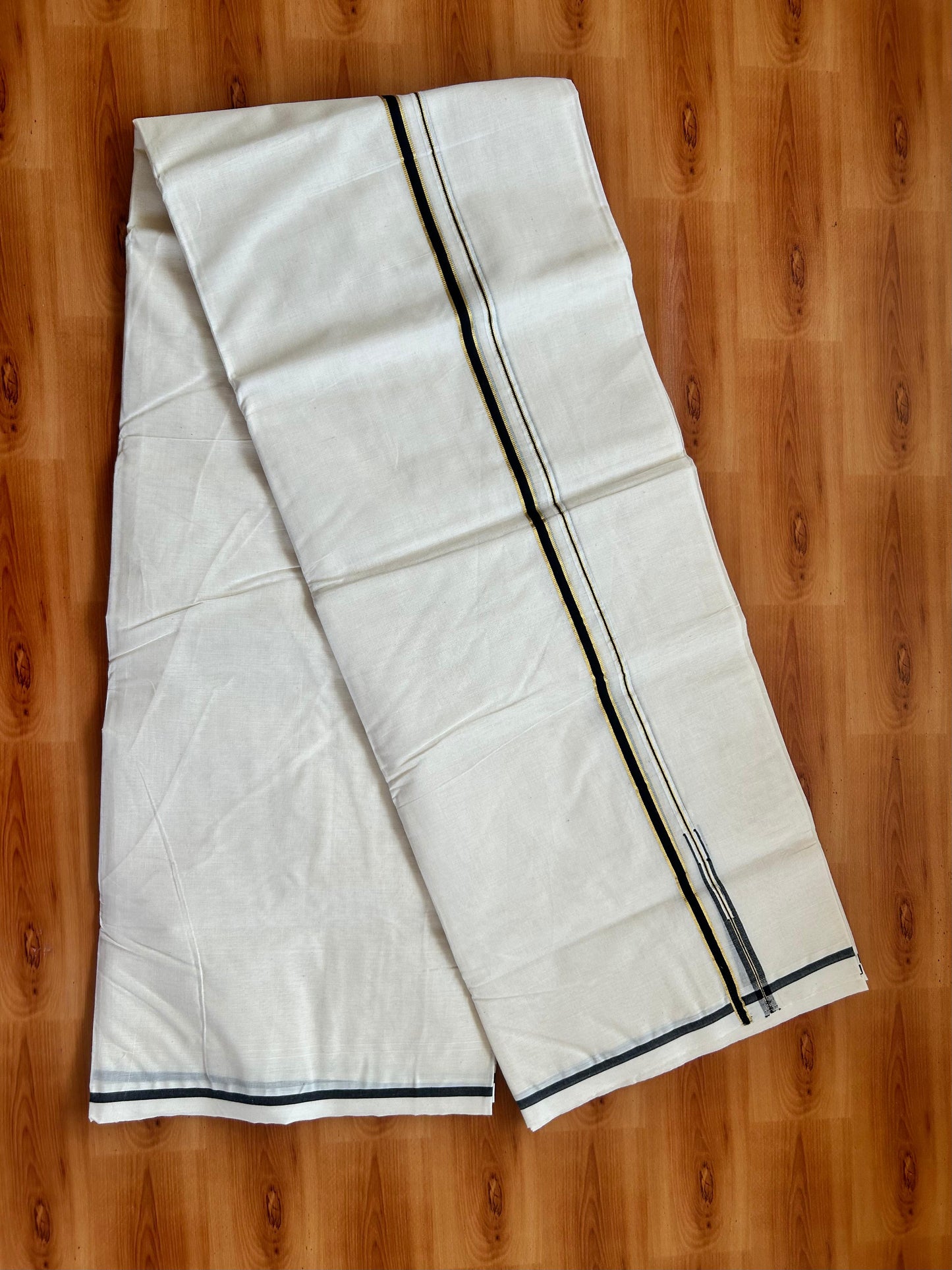 Mundu / Dhoti Off white Double - 20% Discount! KaithariKada 100% Cotton (Unbleached) Kerala -100x100 - 1 cm Puliyilakkara Gold Kasav & Black Chutty Kara - 19 KK5477 ASH