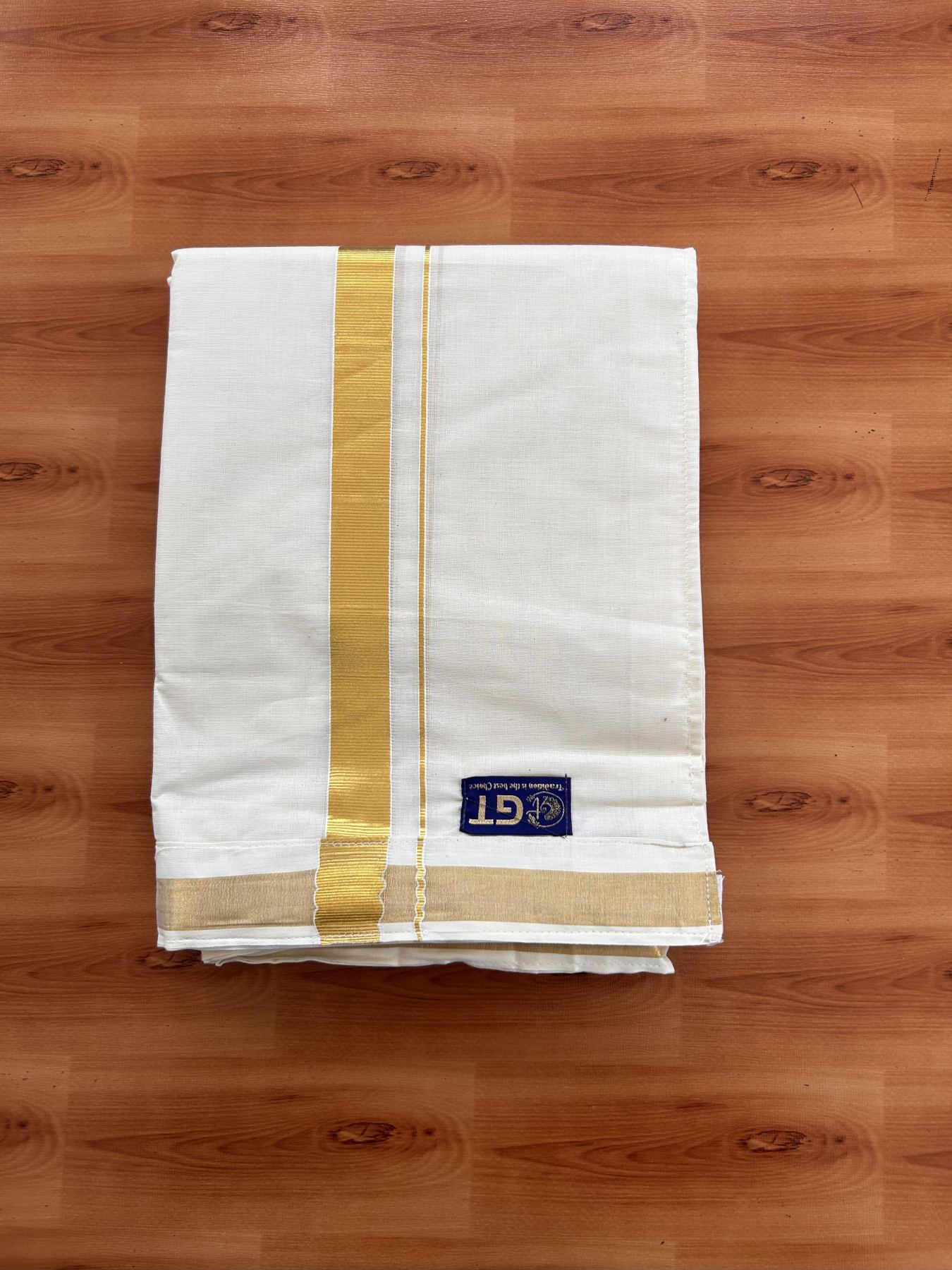 Double Off White Velcro Mundu/Dhoti - 20% Discount !! KaithariKada Balaramapuram 100% Pure Cotton - 0.75 inch Gold Kasav Kara 3.77 mtr (8 muzham) - 1 KK5434 GAN