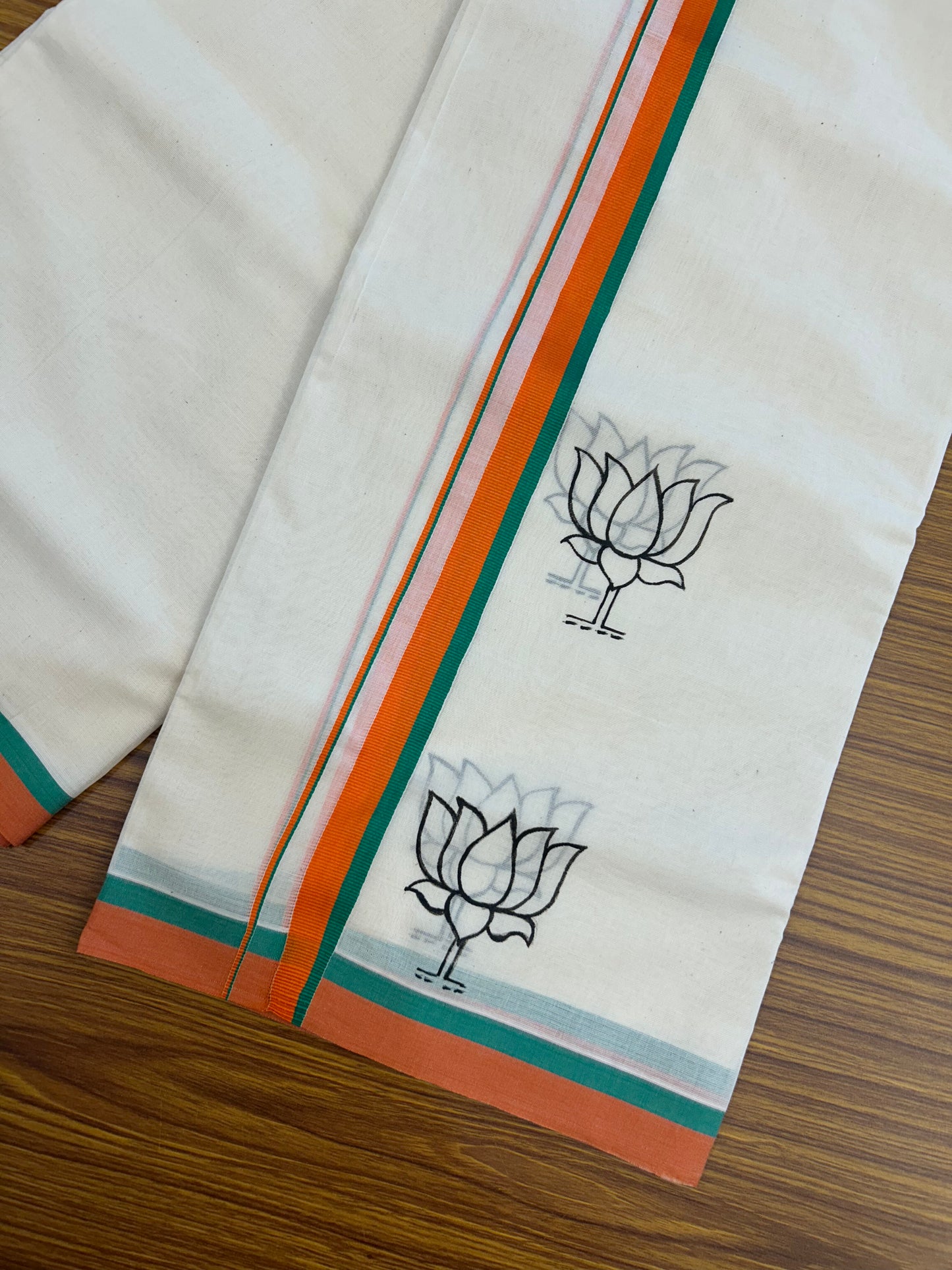 Bjp Veshti - KaithariKada 100% Cotton Off White Double - (Unbleached) Mundu/Dhoti - 100X80 - 0.75 inch Hand Painted Orange & Green Lotus Design Kara - 3 KK5326 ASH