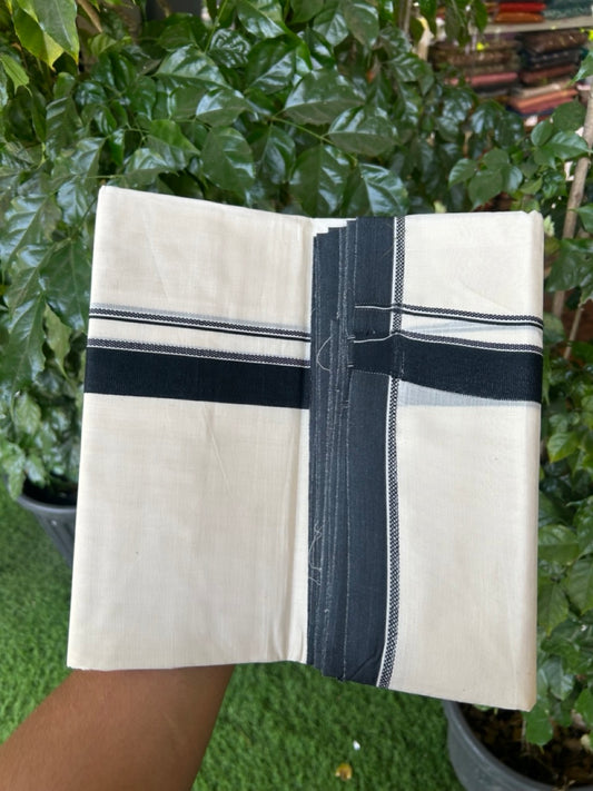 20% Discount ! KaithariKada Balaramapuram 100% Cotton Off White (Unbleached) Double Mundu/Dhoti - 80s - 1 inch Black Design kara 4 mtr (8.5 muzham) - 24 KK5302 MUT