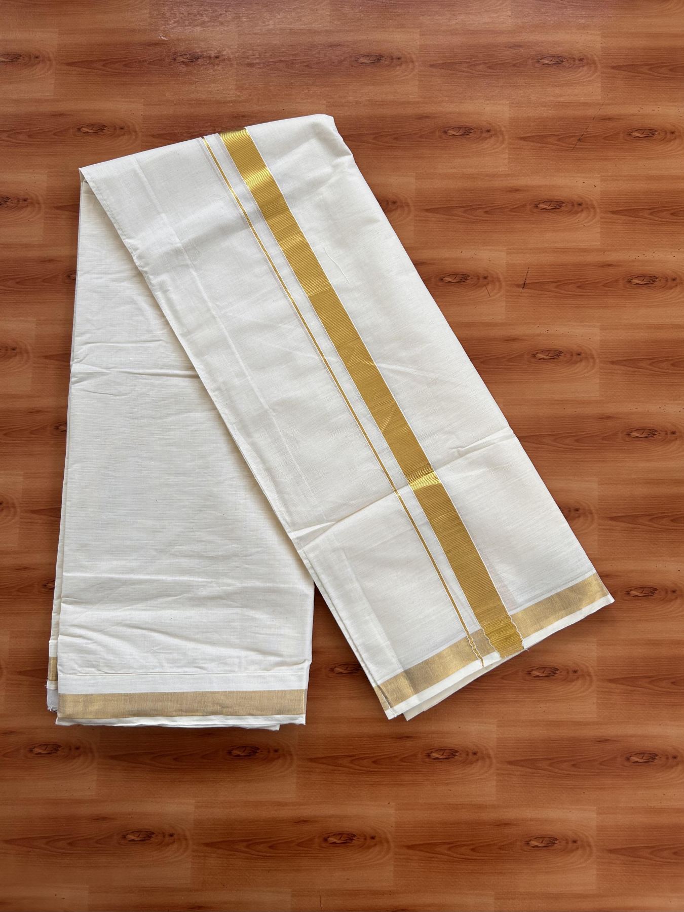 Double Off White Velcro Mundu/Dhoti - 20% Discount !! KaithariKada Balaramapuram 100% Pure Cotton - 0.75 inch Gold Kasav Kara 3.77 mtr (8 muzham) - 1 KK5434 GAN