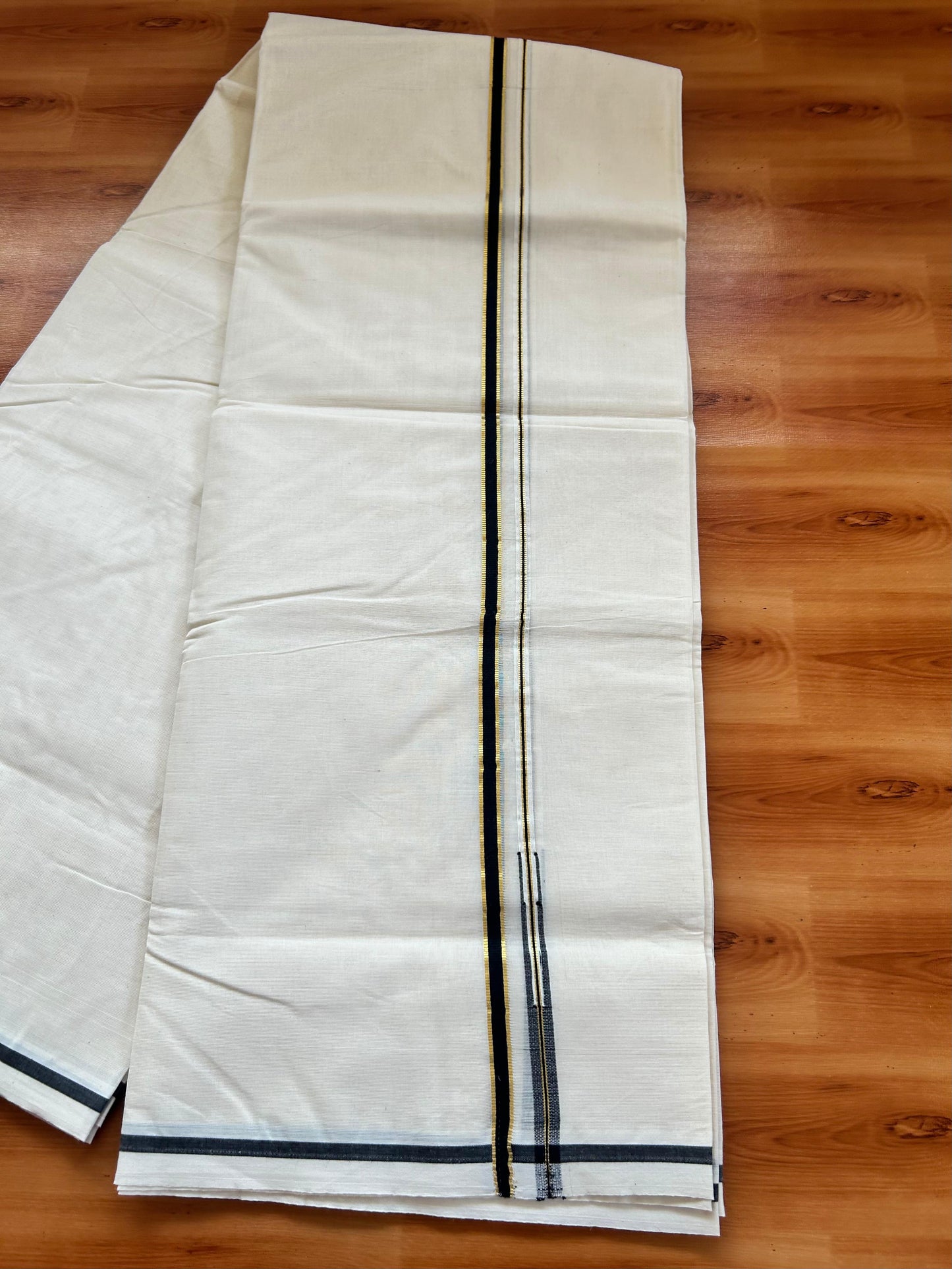 Mundu / Dhoti Off white Double - 20% Discount! KaithariKada 100% Cotton (Unbleached) Kerala -100x100 - 1 cm Puliyilakkara Gold Kasav & Black Chutty Kara - 19 KK5477 ASH