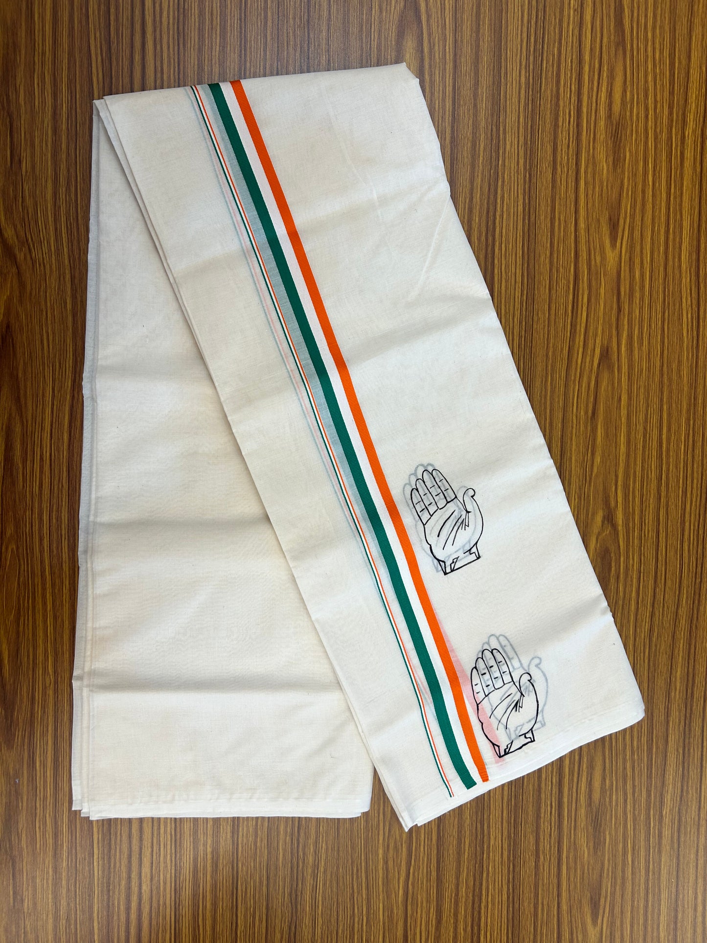 Congress Veshti - KaithariKada Balaramapuram 100% Cotton Double Off white - (Unbleached) Mundu/Dhoti-100x80 - 1 inch Hand Painted Orange White & Green Kaipathi Design Kara 3.75 mtr (8.04 muzham) - 2 KK5326 ASH