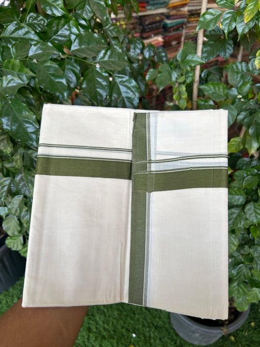 20% Discount ! KaithariKada Balaramapuram 100% Cotton Off White (Unbleached) Double Mundu/Dhoti - 80s - 1.25 inch Olive Green Design kara 4 mtr (8.5 muzham) - 26 KK5302 MUT