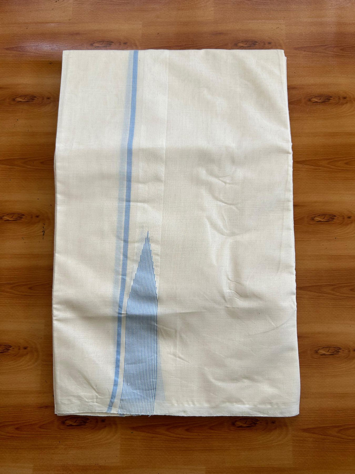 Double Off White (Unbleached) Mundu/Dhoti - 20% Discount!! KaithariKada Pulimood 100% Cotton 100X100 - 1 inch Puliyilakkara Light Blue Chutty Kara - 4 mtr (8.5 muzham) - 11 KK5545 ASH