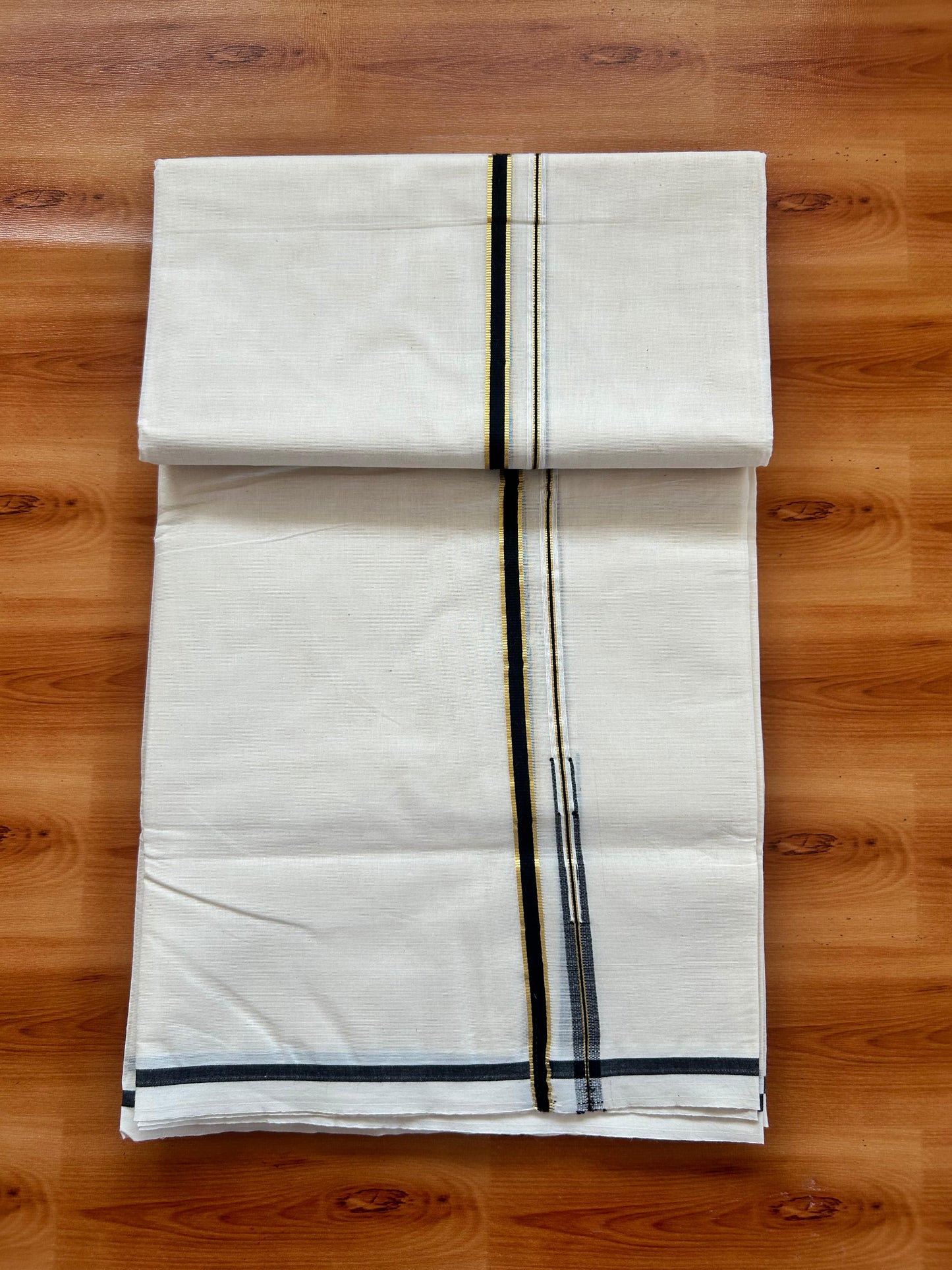 Mundu / Dhoti Off white Double - 20% Discount! KaithariKada 100% Cotton (Unbleached) Kerala -100x100 - 1 cm Puliyilakkara Gold Kasav & Black Chutty Kara - 19 KK5477 ASH