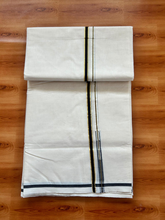 Mundu / Dhoti Off white Double - 20% Discount! KaithariKada 100% Cotton (Unbleached) Kerala -100x100 - 1 cm Puliyilakkara Gold Kasav & Black Chutty Kara - 19 KK5477 ASH