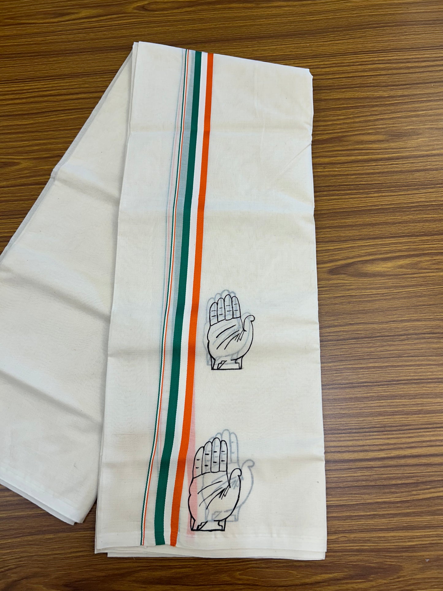 Congress Veshti - KaithariKada Balaramapuram 100% Cotton Double Off white - (Unbleached) Mundu/Dhoti-100x80 - 1 inch Hand Painted Orange White & Green Kaipathi Design Kara 3.75 mtr (8.04 muzham) - 2 KK5326 ASH