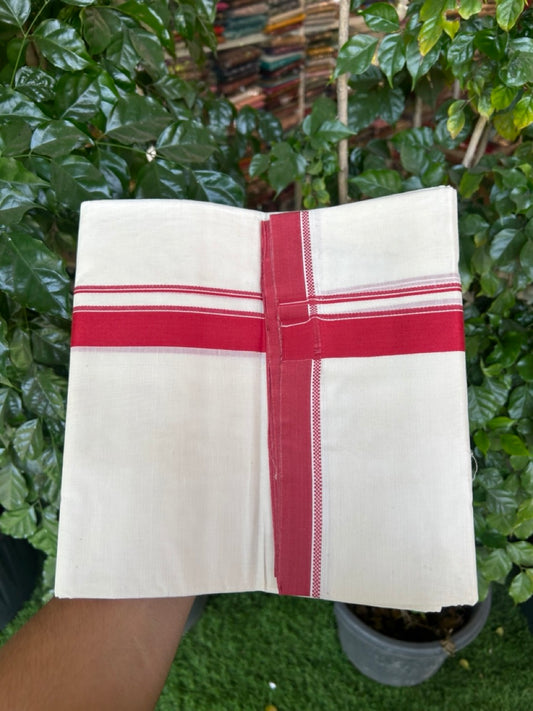 20% Discount ! KaithariKada Balaramapuram 100% Cotton Off White (Unbleached) Double Mundu/Dhoti - 80s - 1 inch Red Design kara 4 mtr (8.5 muzham) - 25 KK5302 MUT