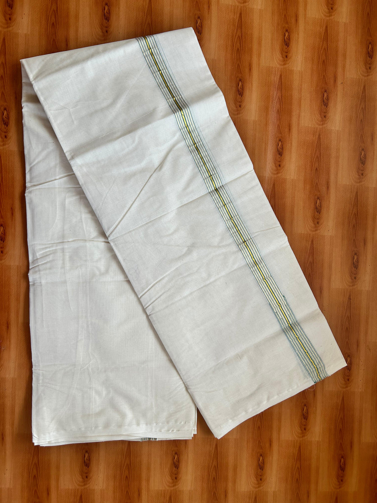 Double Off white Mundu/Dhoti - 20% Discount! KaithariKada - 100% Cotton  100x100 - 1 inch Puliyilakkara Gold Kasav & Teal 12 Line Chutty Kara - 4 mtr (8.5 muzham) -  6 KK5477 ASH