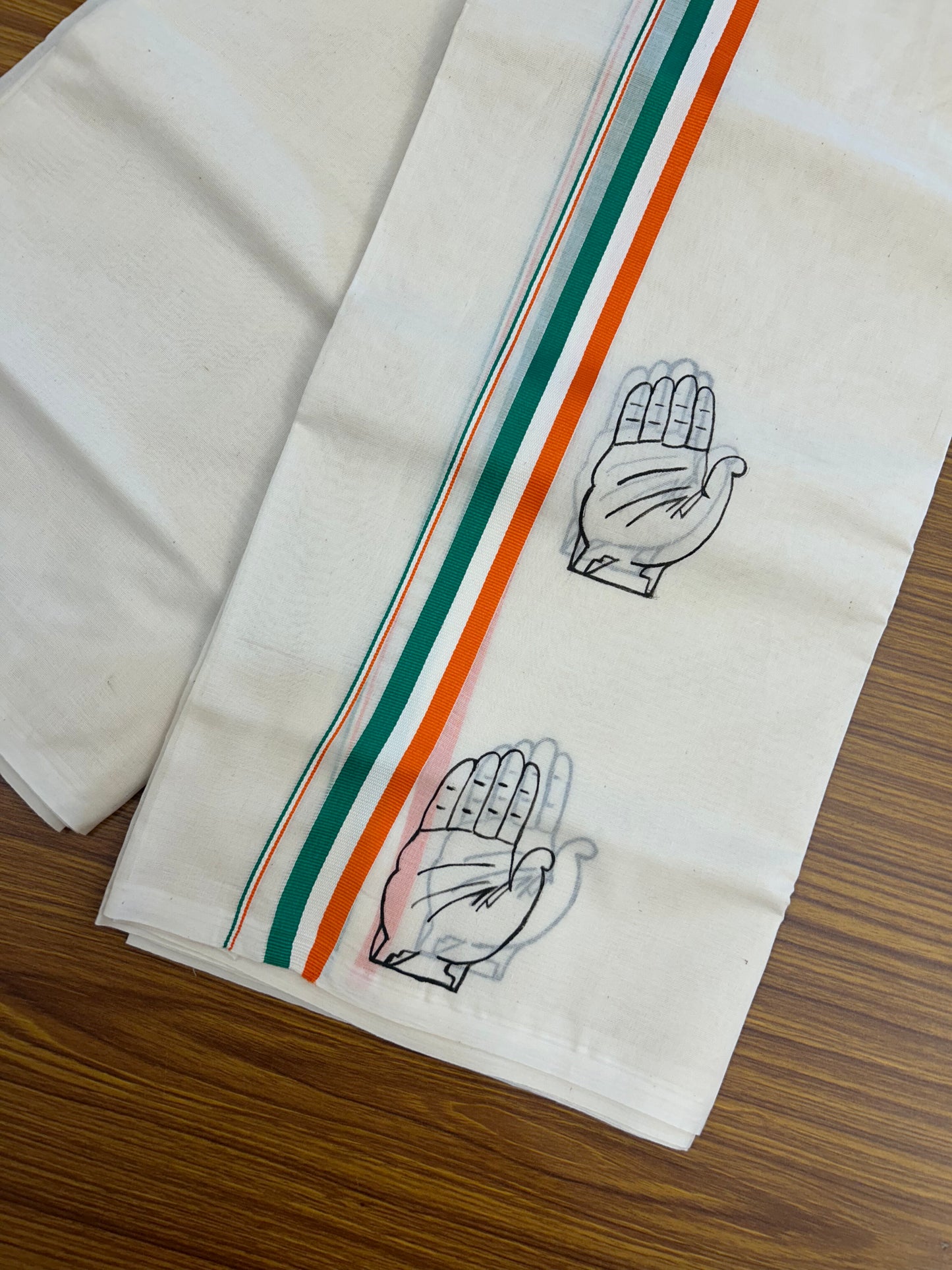 Congress Veshti - KaithariKada Balaramapuram 100% Cotton Double Off white - (Unbleached) Mundu/Dhoti-100x80 - 1 inch Hand Painted Orange White & Green Kaipathi Design Kara 3.75 mtr (8.04 muzham) - 2 KK5326 ASH