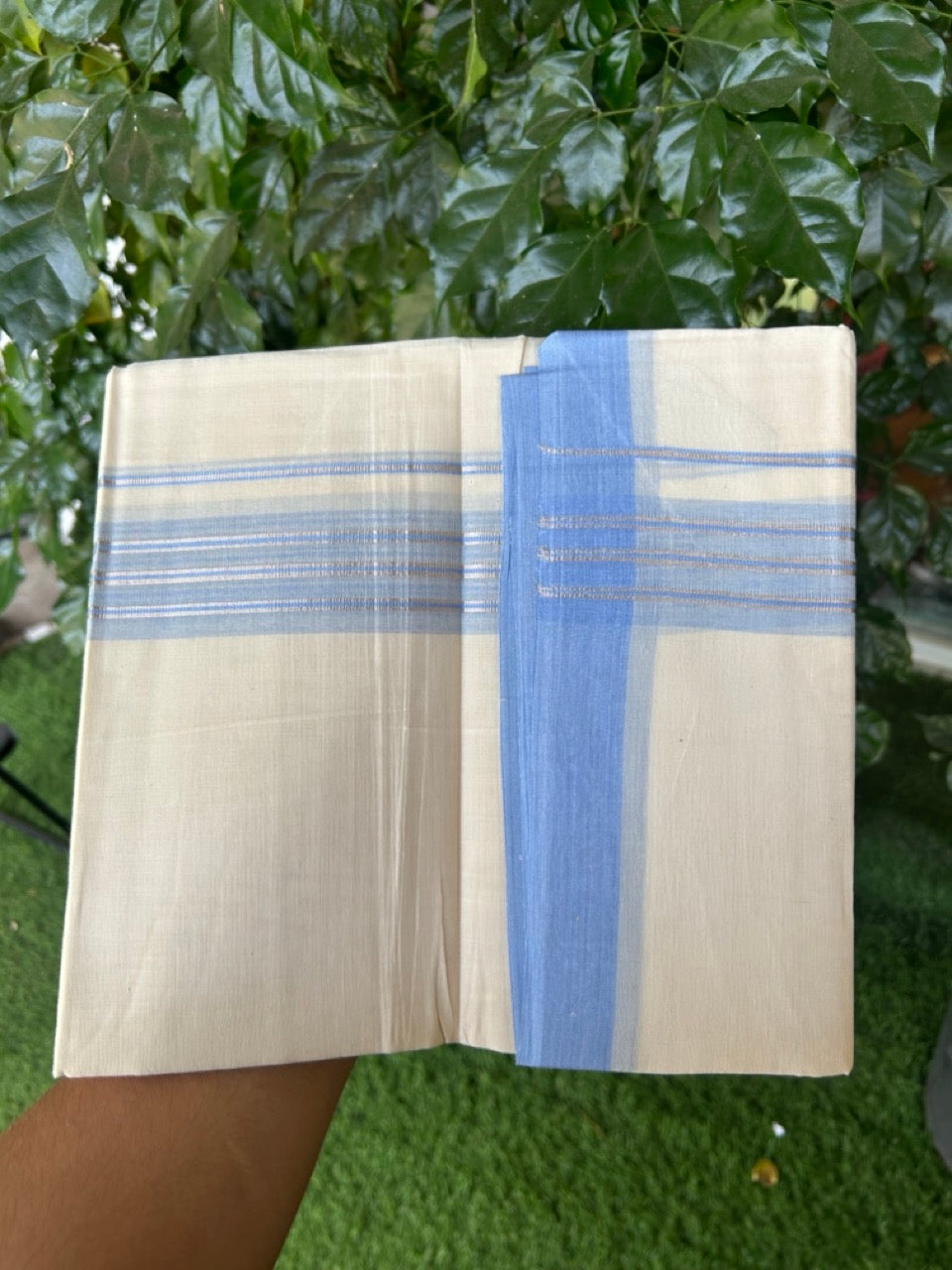 20% Discount ! KaithariKada Balaramapuram 100% Cotton Off White (Unbleached) Double Mundu/Dhoti - 80s - 2 inch Silver Kasav & Sky Blue Shaded Stripes kara 4 mtr (8.5 muzham) - 15 KK5302 MUT