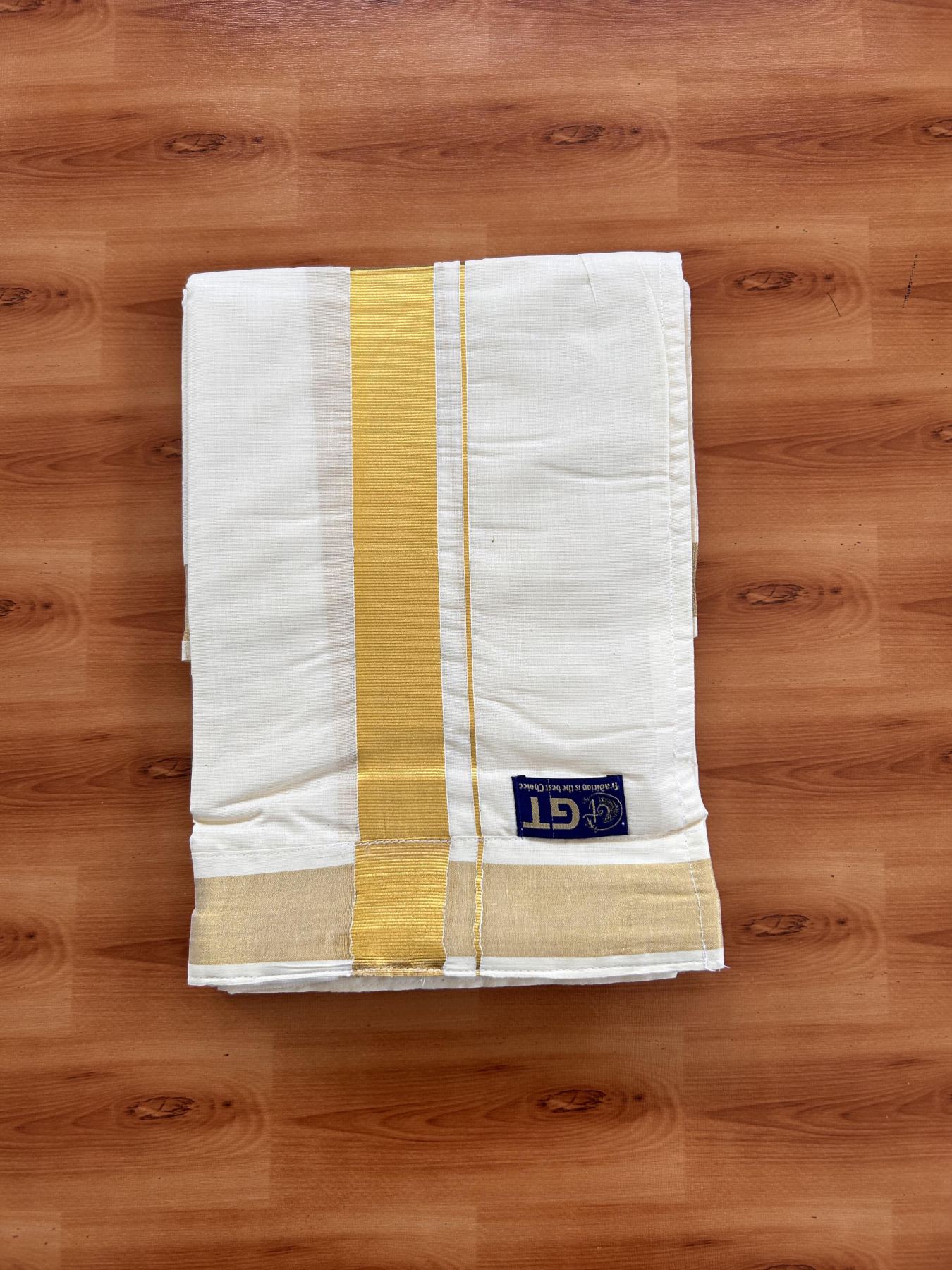 Double Off White Velcro Mundu/Dhoti - 20% Discount !! KaithariKada Balaramapuram 100% Pure Cotton - 1.5 inch Gold Kasav Kara 3.77 mtr (8 muzham) - 2 KK5434 GAN