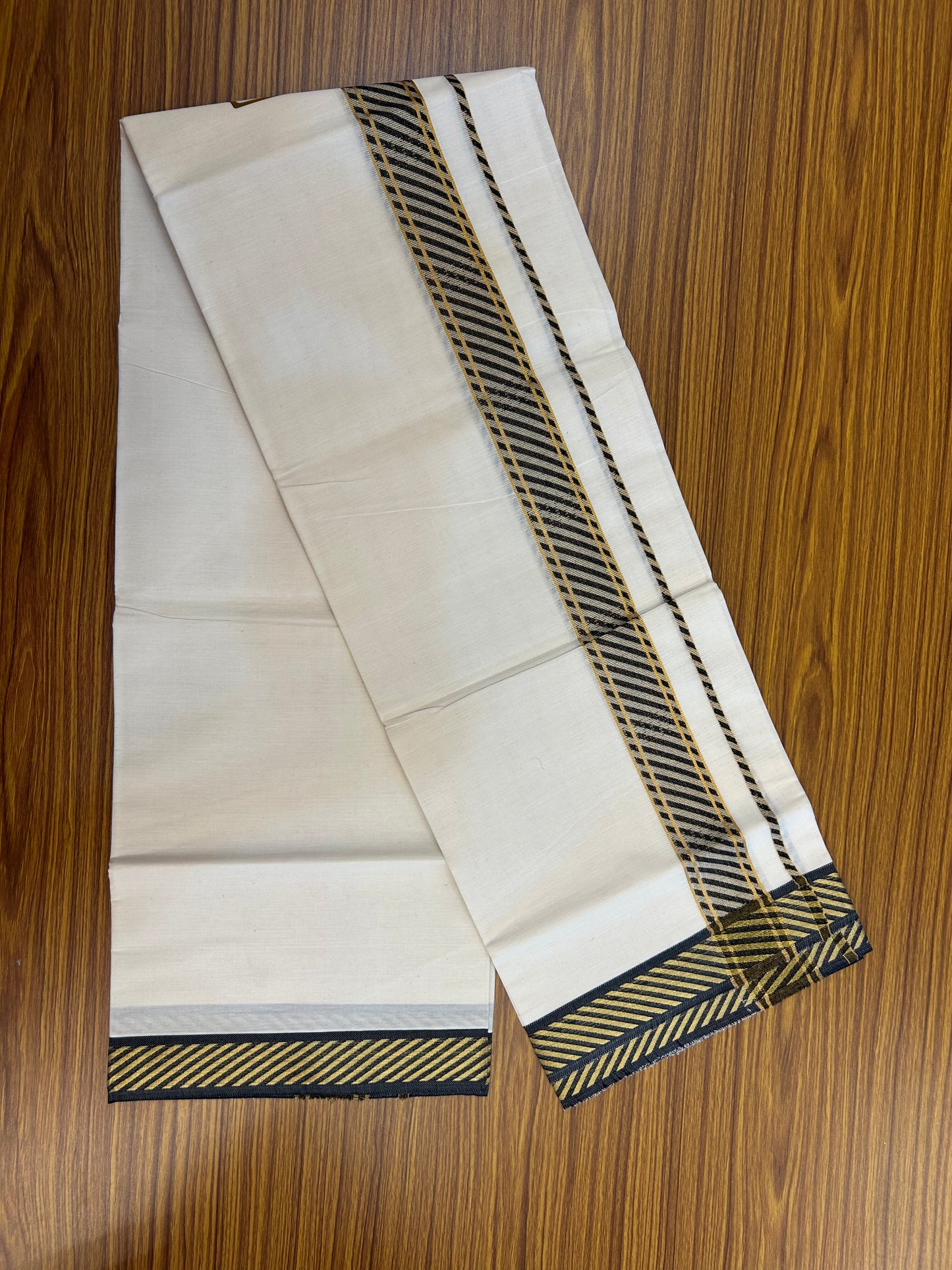 20% Discount ! KaithariKada Balaramapuram 100% Pure Cotton Single Off White Mundu/Dhoti - 30X70 - 1.5 inch Gold Kasav & Black Jacquard Design kara 2 mtr (4 Muzham) - 1 KK5327 CJT