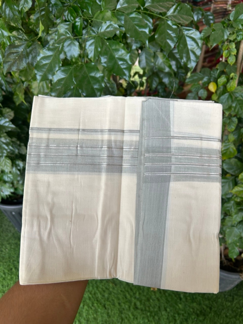 20% Discount ! KaithariKada Balaramapuram 100% Cotton Off White (Unbleached) Double Mundu/Dhoti - 80s - 2 inch Silver Kasav & Grey Shaded Stripes kara 4 mtr (8.5 muzham) - 16 KK5302 MUT