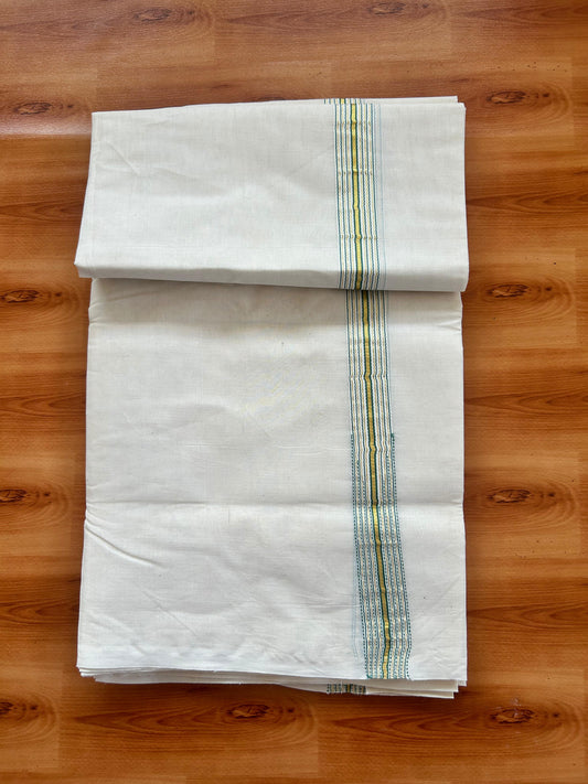 Double Off white Mundu/Dhoti - 20% Discount! KaithariKada - 100% Cotton  100x100 - 1 inch Puliyilakkara Gold Kasav & Teal 12 Line Chutty Kara - 4 mtr (8.5 muzham) -  6 KK5477 ASH