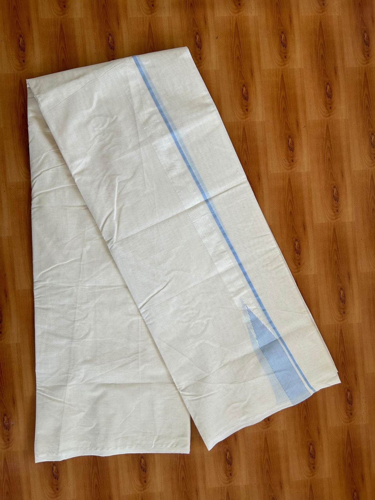 Double Off White (Unbleached) Mundu/Dhoti - 20% Discount!! KaithariKada Pulimood 100% Cotton 100X100 - 1 inch Puliyilakkara Light Blue Chutty Kara - 4 mtr (8.5 muzham) - 11 KK5545 ASH