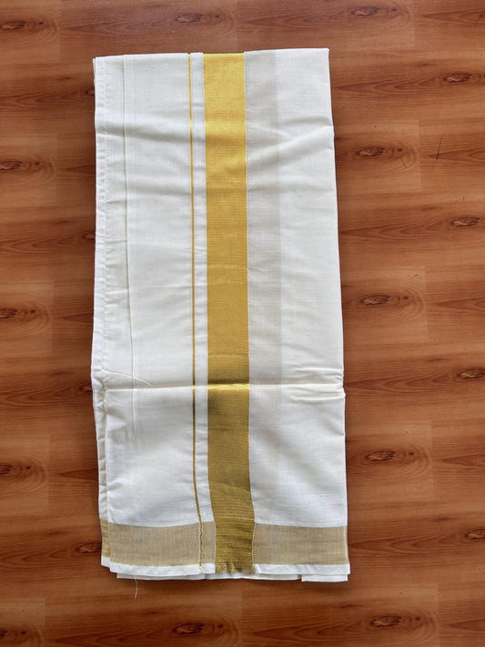 Double Off White Velcro Mundu/Dhoti - 20% Discount !! KaithariKada Balaramapuram 100% Pure Cotton - 1.5 inch Gold Kasav Kara 3.77 mtr (8 muzham) - 2 KK5434 GAN