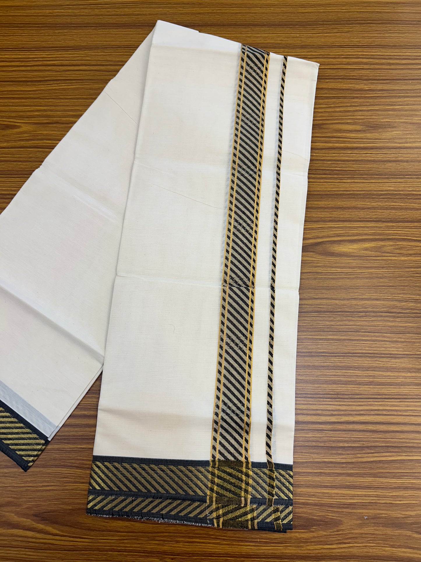 20% Discount ! KaithariKada Balaramapuram 100% Pure Cotton Single Off White Mundu/Dhoti - 30X70 - 1.5 inch Gold Kasav & Black Jacquard Design kara 2 mtr (4 Muzham) - 1 KK5327 CJT