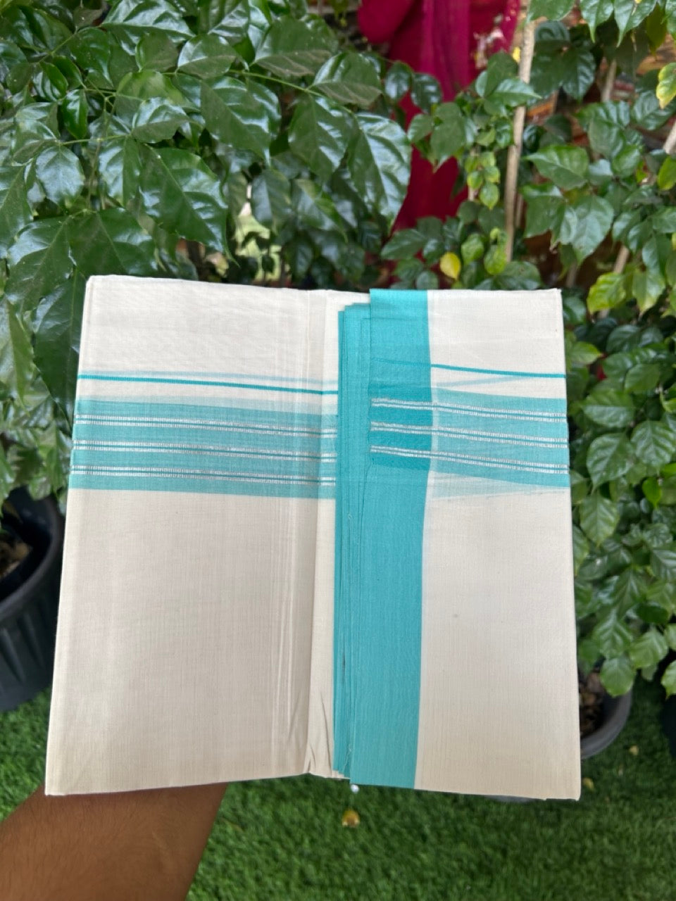 20% Discount ! KaithariKada Balaramapuram 100% Cotton Off White (Unbleached) Double Mundu/Dhoti - 80s - 2 inch Silver Kasav & Cyan Shaded Stripes kara 4 mtr (8.5 muzham) - 13 KK5302 MUT