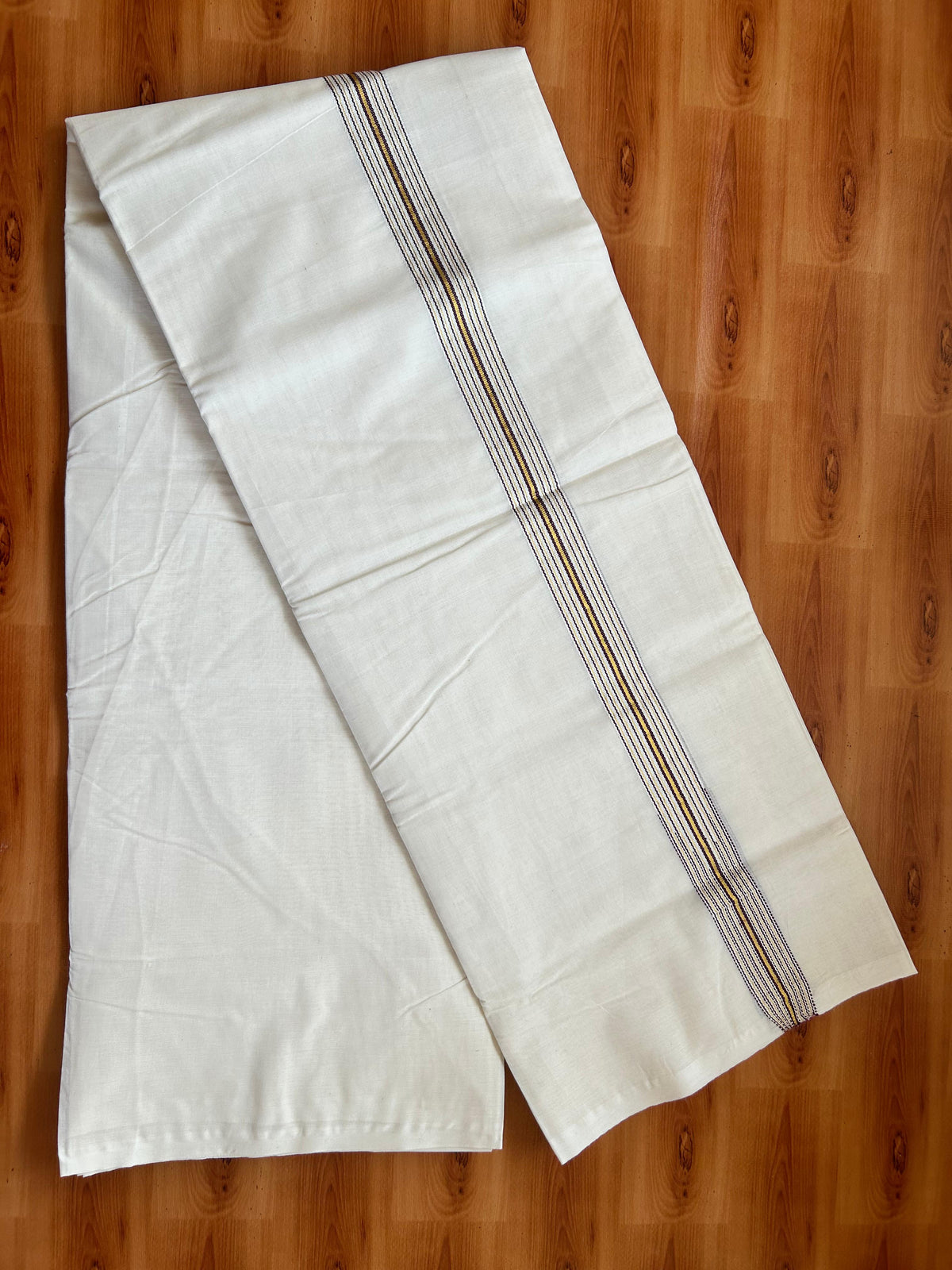 Double Off white Mundu/Dhoti - 20% Discount! KaithariKada - 100% Cotton  100x100 - 1 inch Puliyilakkara Gold Kasav & Purple 12 Line Chutty Kara - 4 mtr (8.5 muzham) -  7 KK5477 ASH