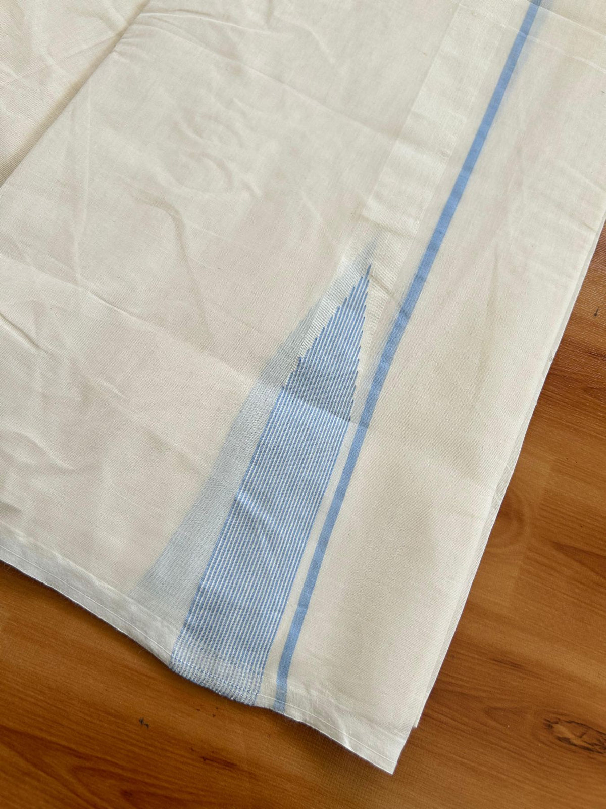 Double Off White (Unbleached) Mundu/Dhoti - 20% Discount!! KaithariKada Pulimood 100% Cotton 100X100 - 1 inch Puliyilakkara Light Blue Chutty Kara - 4 mtr (8.5 muzham) - 11 KK5545 ASH